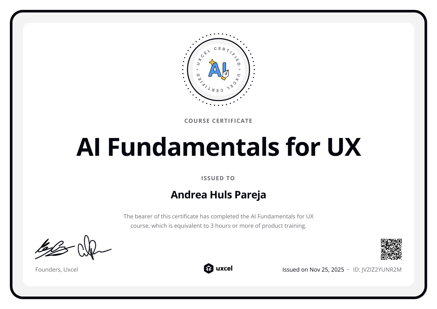 Andrea UX Researcher's certificate